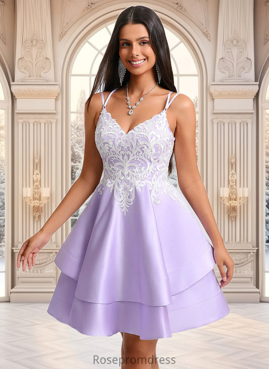 Amaris A-line V-Neck Short Satin Homecoming Dress With Appliques Lace DSP0025696
