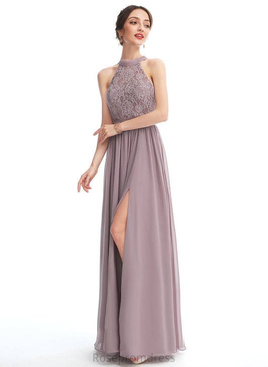 A-line Lace Floor-Length Fabric Silhouette Halter Length Straps&Sleeves Neckline Geraldine Bridesmaid Dresses