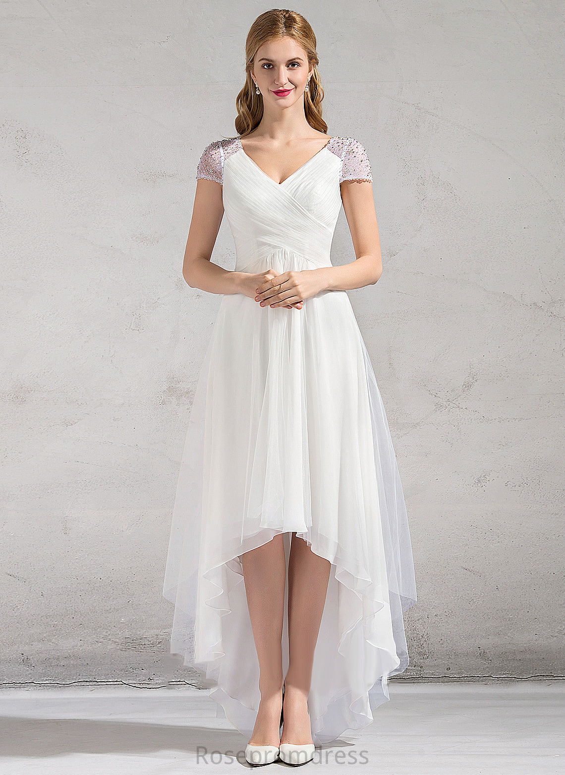 Beading Ruffle With V-neck Dress Asymmetrical A-Line Wedding Tulle Julianne Sequins Wedding Dresses