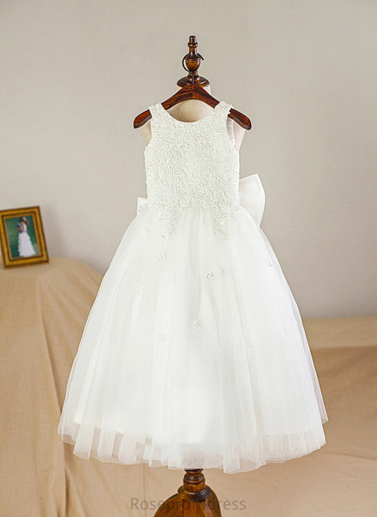 With Neck Girl Flower Girl Dresses A-Line Sleeveless Scoop Bow(s) - Satin/Tulle Tea-length Flower Dress Danika
