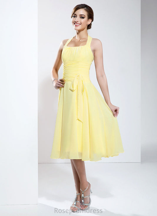 Knee-Length Fabric Neckline Embellishment A-Line Silhouette Ruffle Bow(s) Halter Length Virginia V-Neck Bridesmaid Dresses