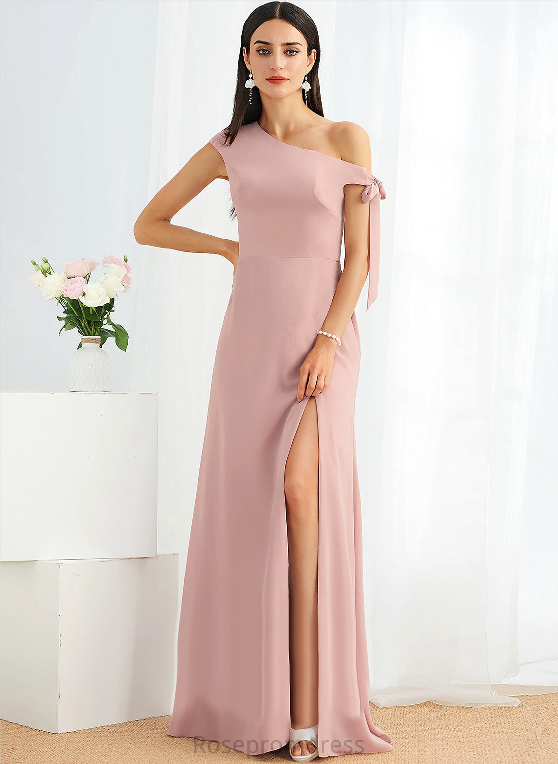 Floor-Length Fabric Embellishment OneShoulder Silhouette Neckline A-line Length Maryjane Spaghetti Staps Sleeveless Empire Waist Bridesmaid Dresses