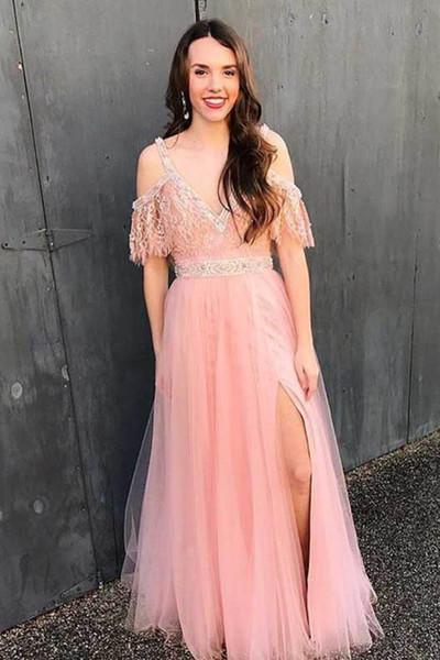 Pretty tulle lace V-neck slit off-shoulder long dress summer prom dresses RS812