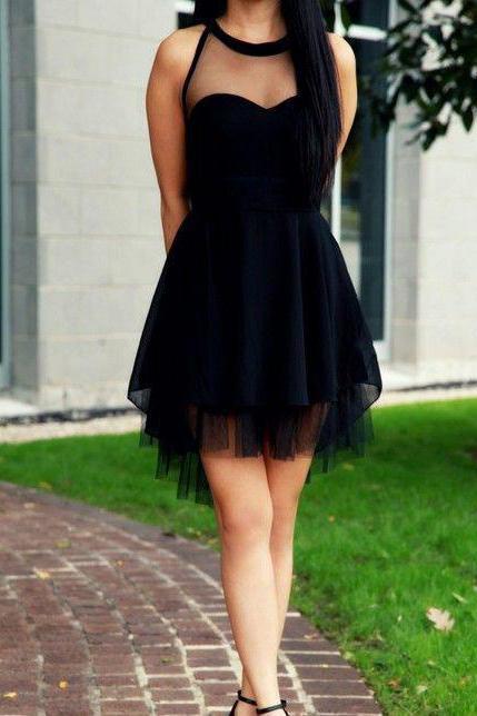 2024 Cute Little Black High Neck Tulle Tea Length Short Prom Dresses Homecoming SRS10075