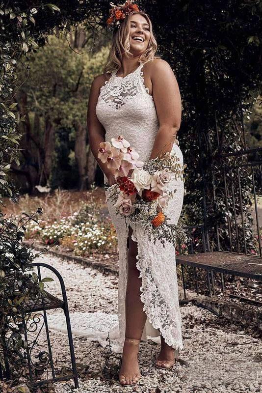 Charming Sheath Lace Bridal Gown with Slit Open Back Ivory Boho Wedding Dresses SRS15124