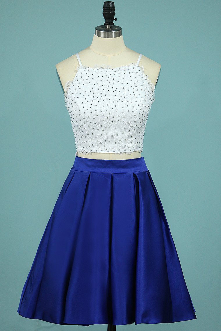 2024 A Line Satin Two-Piece Spaghetti Straps Homecoming Dresses With Applique