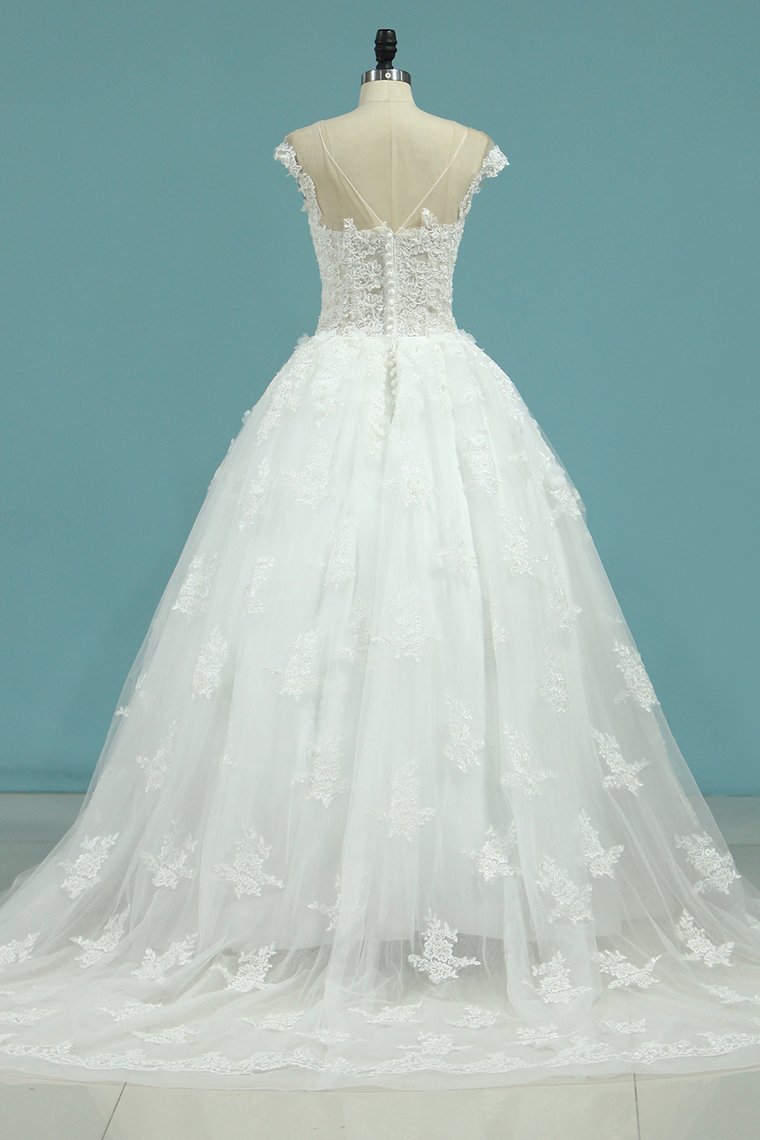 2024 Wedding Dresses Short Sleeves Scoop A Line Tulle With Applique