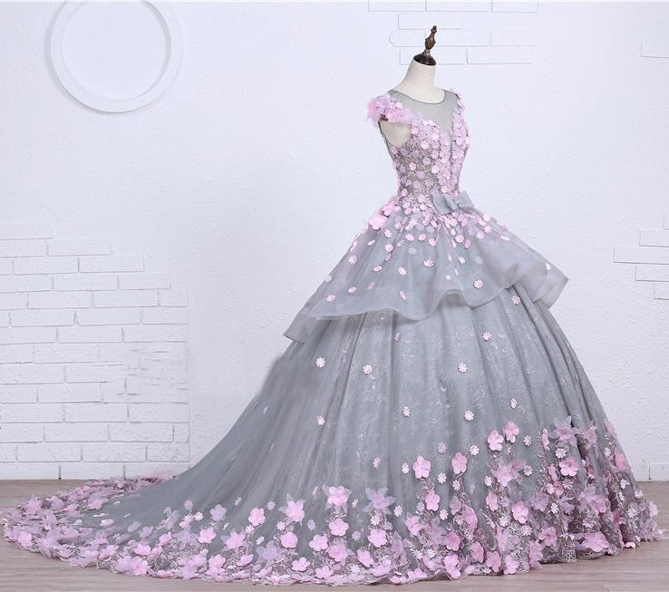 Scoop Ball Gown Gray Tulle Sleeveless Bowknot Empire Waist Wedding Dress with Pink Flowers RS576