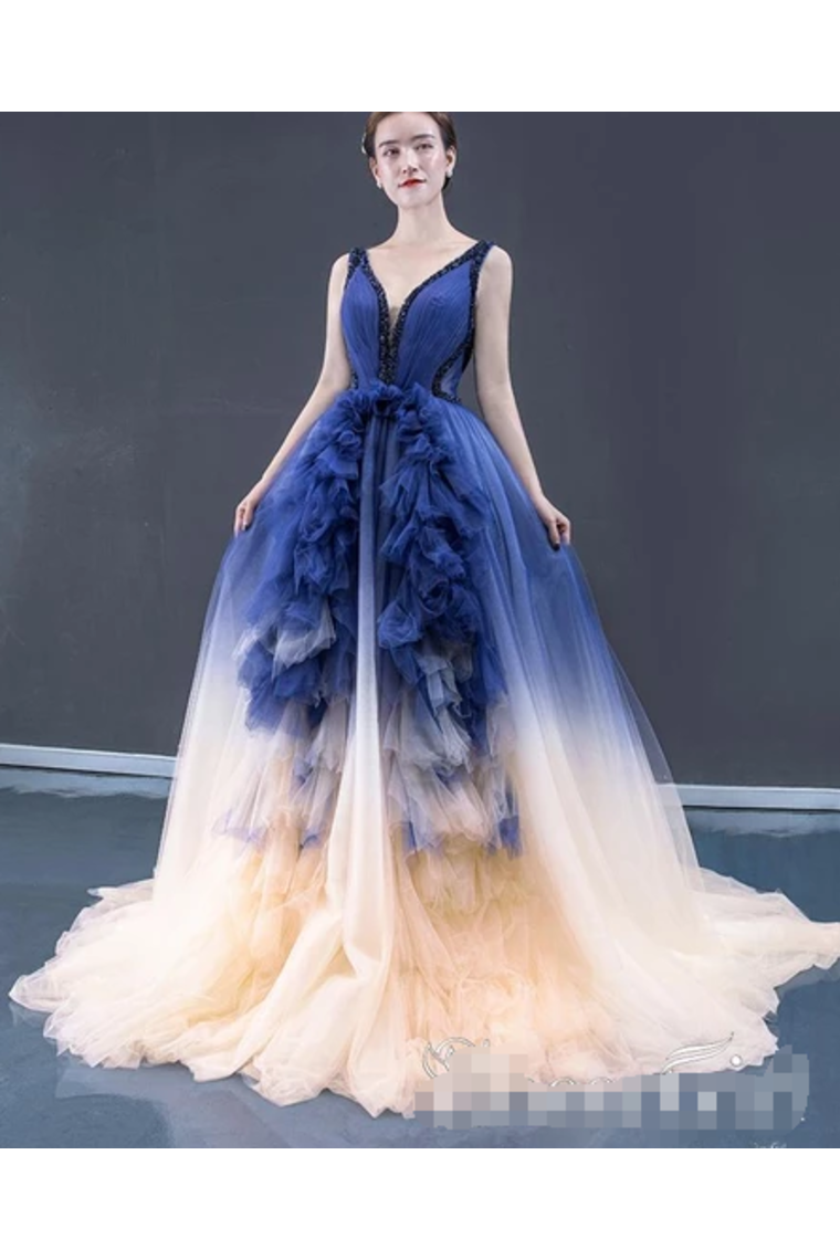 Ombre Contrast Colored A Line Prom Dress Pleated V Neck Long Formal Dress