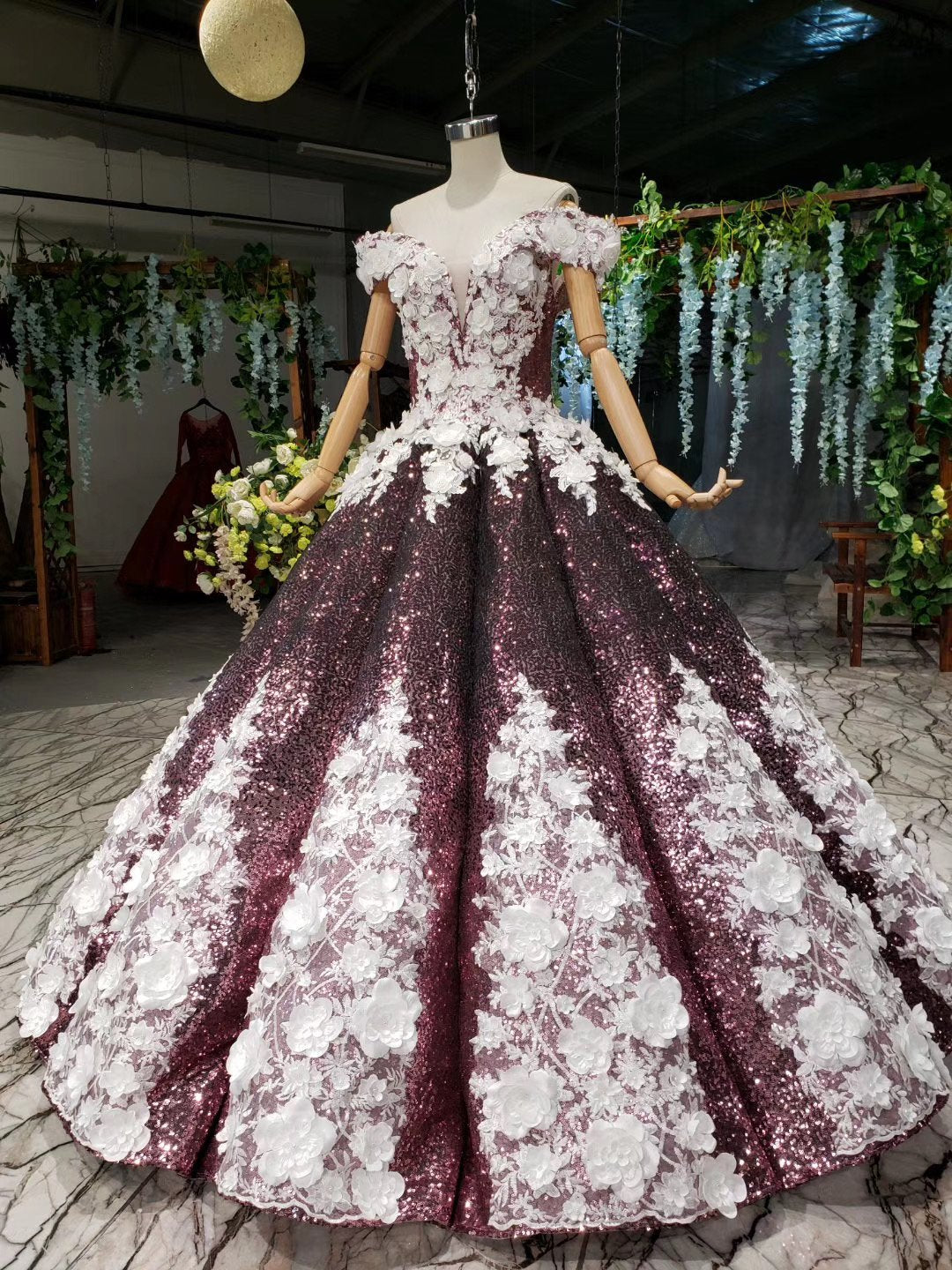 Ball Gown Off the Shoulder V Neck Satin Prom Dresses with Hand Made Flowers, Quinceanera Dress SRS15064