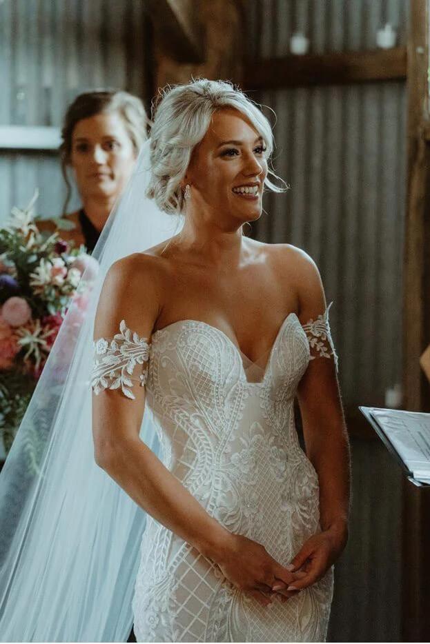 Charming Ivory V Neck Mermaid Strapless Lace Appliques Wedding Dresses, Bridal Dresses SRS15506