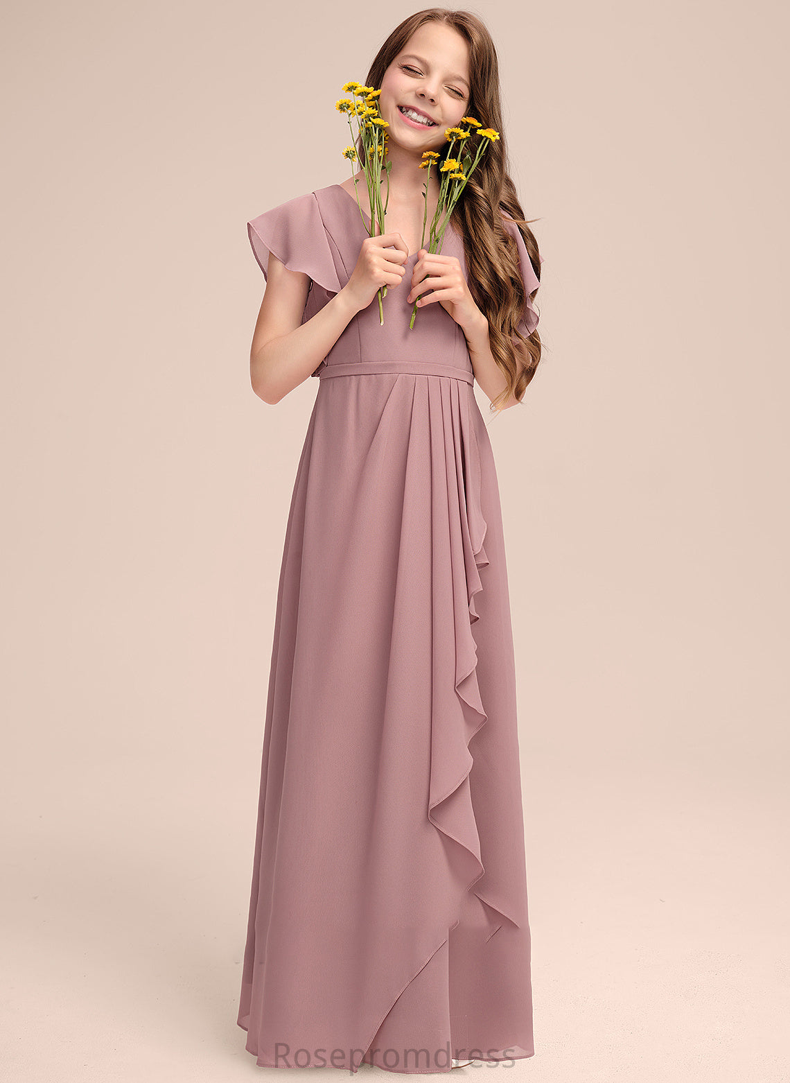 Precious V-neck Cascading Ruffles Junior Bridesmaid Dresses With Floor-Length A-Line Chiffon