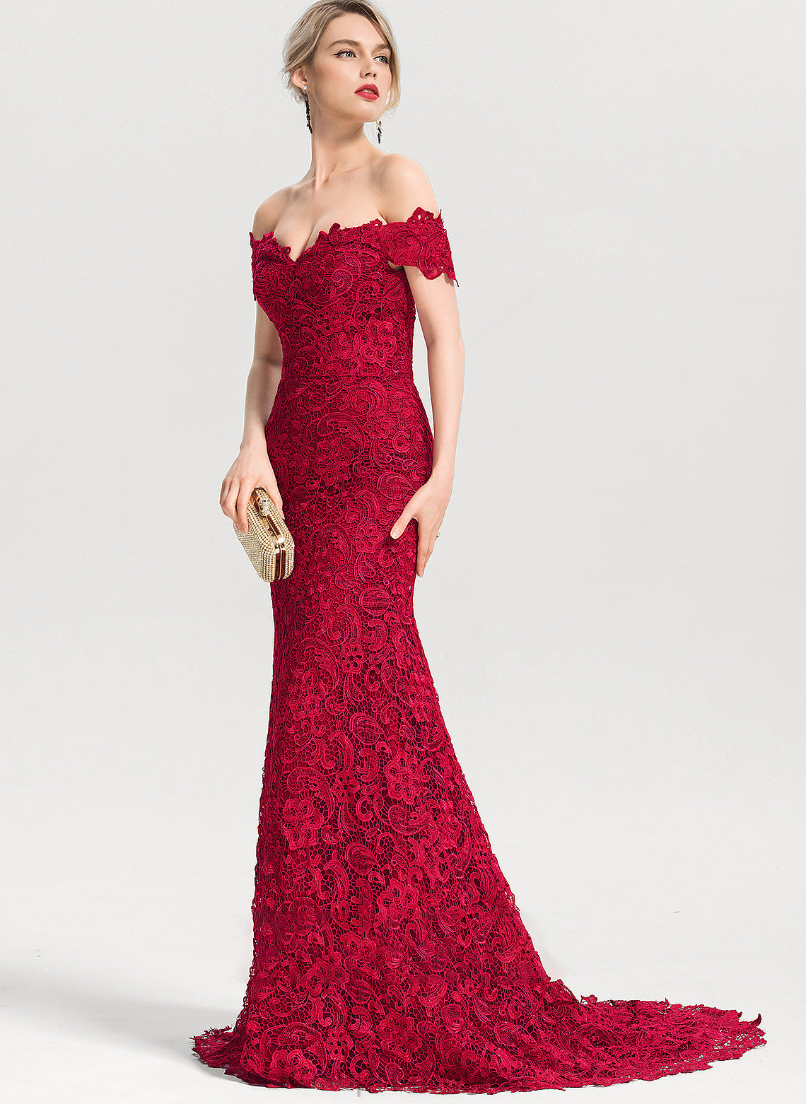 Off-the-Shoulder Lace Elizabeth Trumpet/Mermaid Sweep Prom Dresses Train