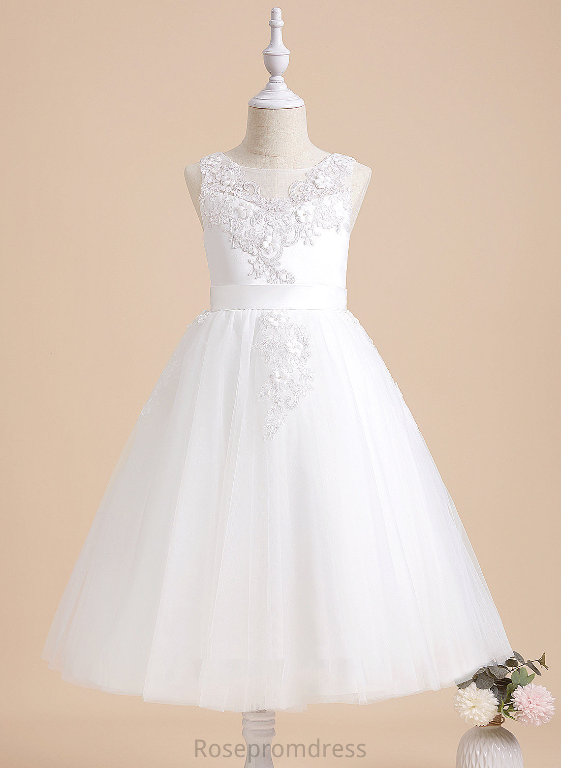 A-Line With Tea-length Sleeveless Beading/Flower(s) Meghan Tulle/Lace Dress - Flower Girl Scoop Flower Girl Dresses Neck