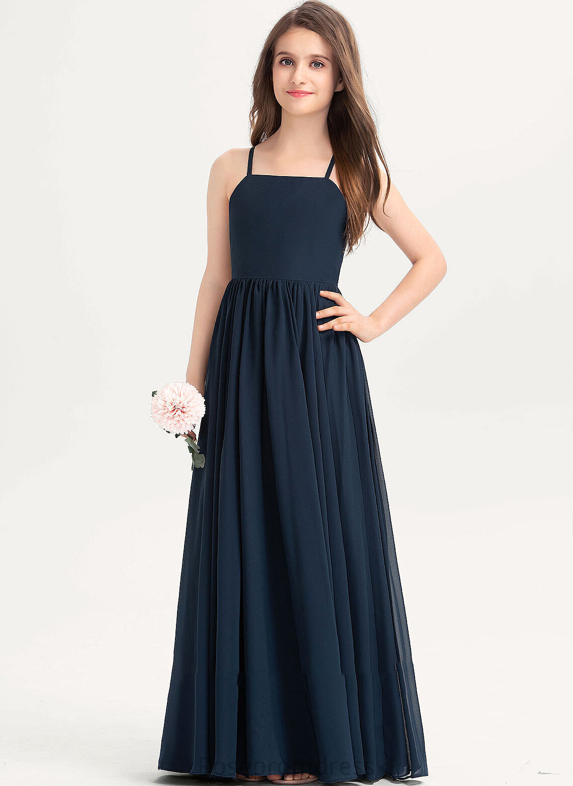 Floor-Length With Bow(s) Square Renee Junior Bridesmaid Dresses Chiffon A-Line Neckline