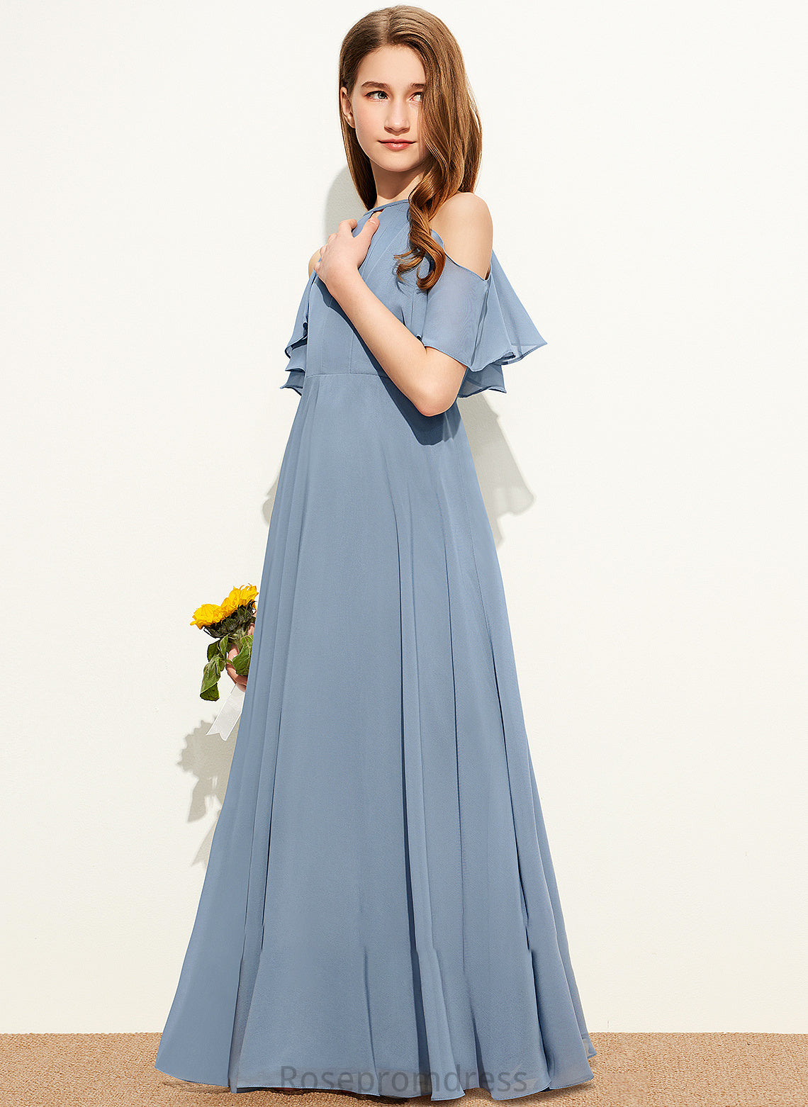 Junior Bridesmaid Dresses A-Line Floor-Length With Scoop Chiffon Teresa Neck Cascading Ruffles