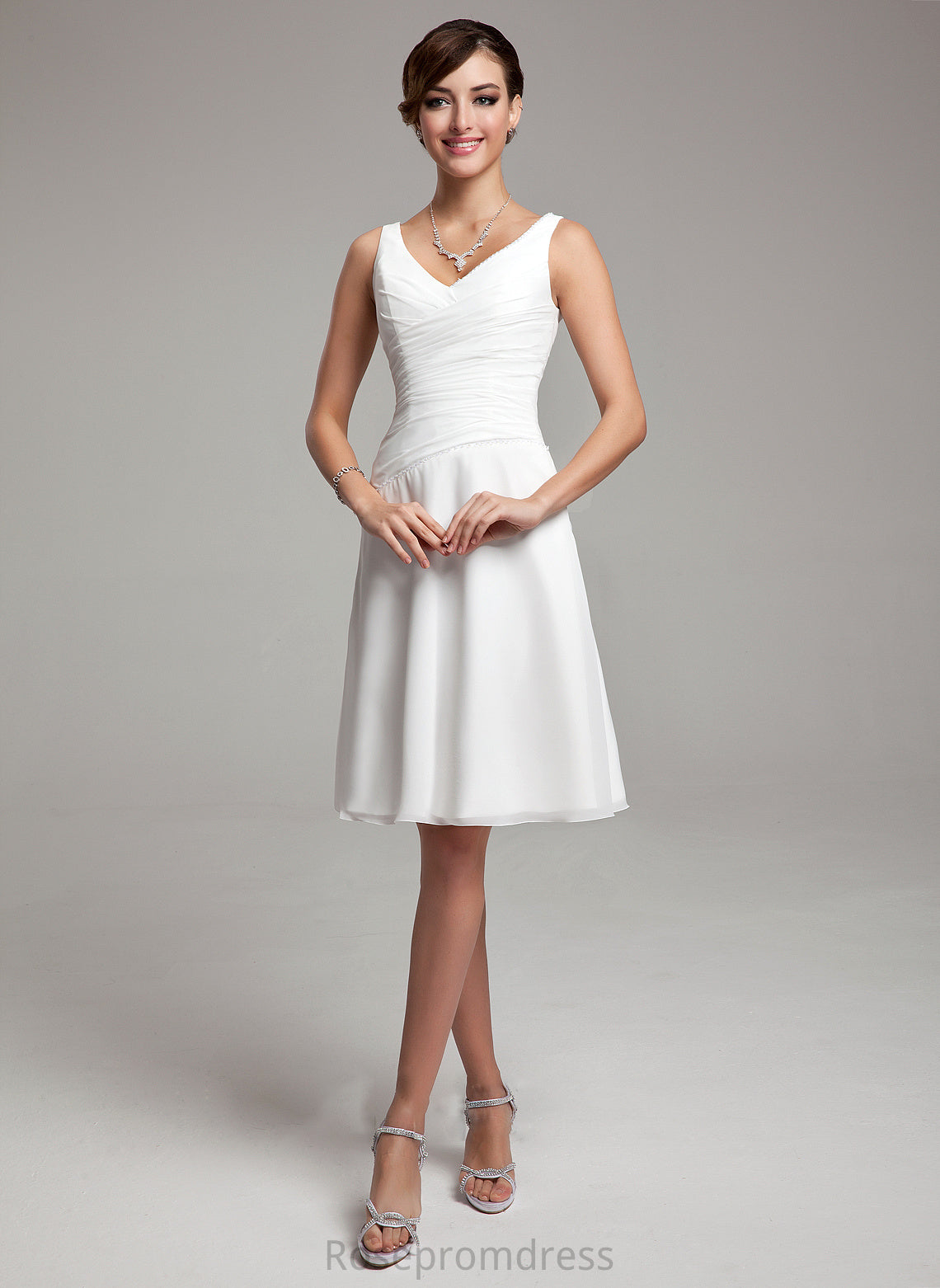 Chiffon Ruffle Wedding Dresses Dress Beading Wedding A-Line With V-neck Knee-Length Sequins Saniya