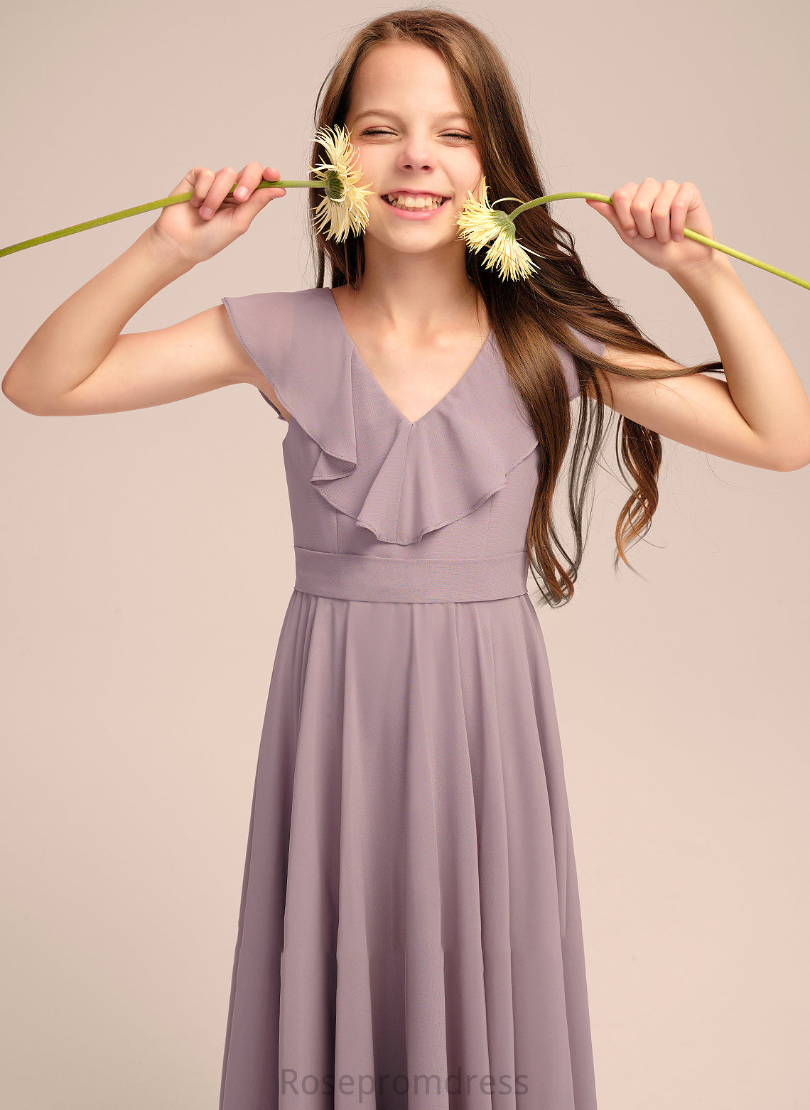 Cascading A-Line Chiffon V-neck Junior Bridesmaid Dresses Muriel Ruffles With Floor-Length