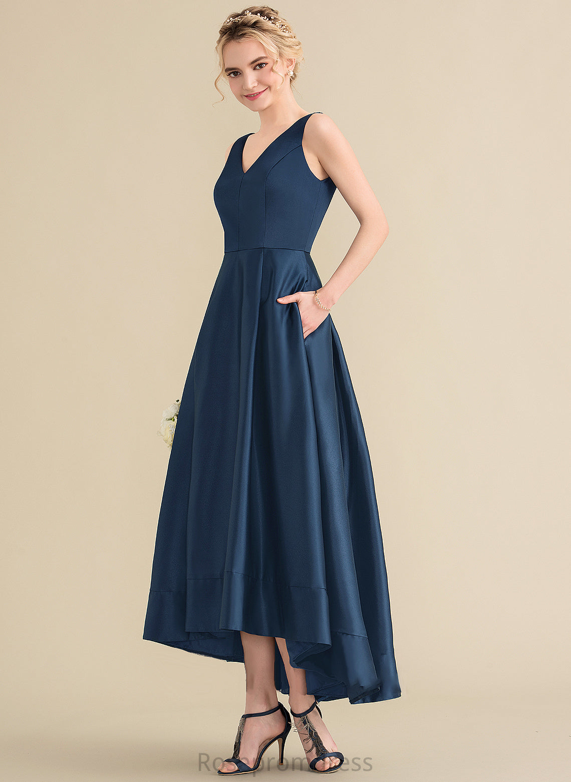 Satin Length Fabric Asymmetrical Embellishment Neckline Pockets Straps V-neck Aspen Bridesmaid Dresses