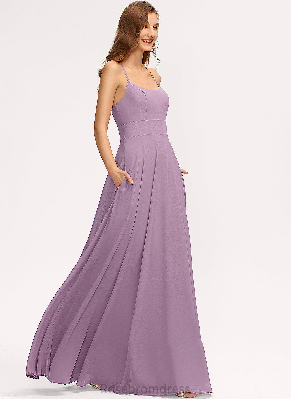 A-Line Neckline Length ScoopNeck Fabric Embellishment Floor-Length Silhouette Pockets Nadia Spaghetti Staps A-Line/Princess Bridesmaid Dresses
