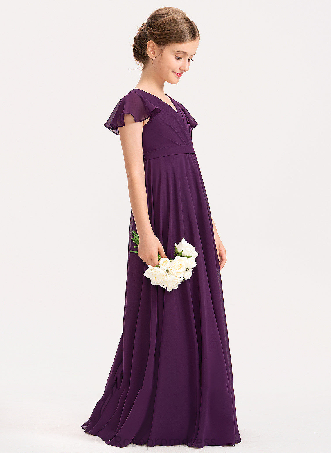 Ruffles With Floor-Length Chiffon Cascading Alia A-Line Junior Bridesmaid Dresses V-neck Bow(s)