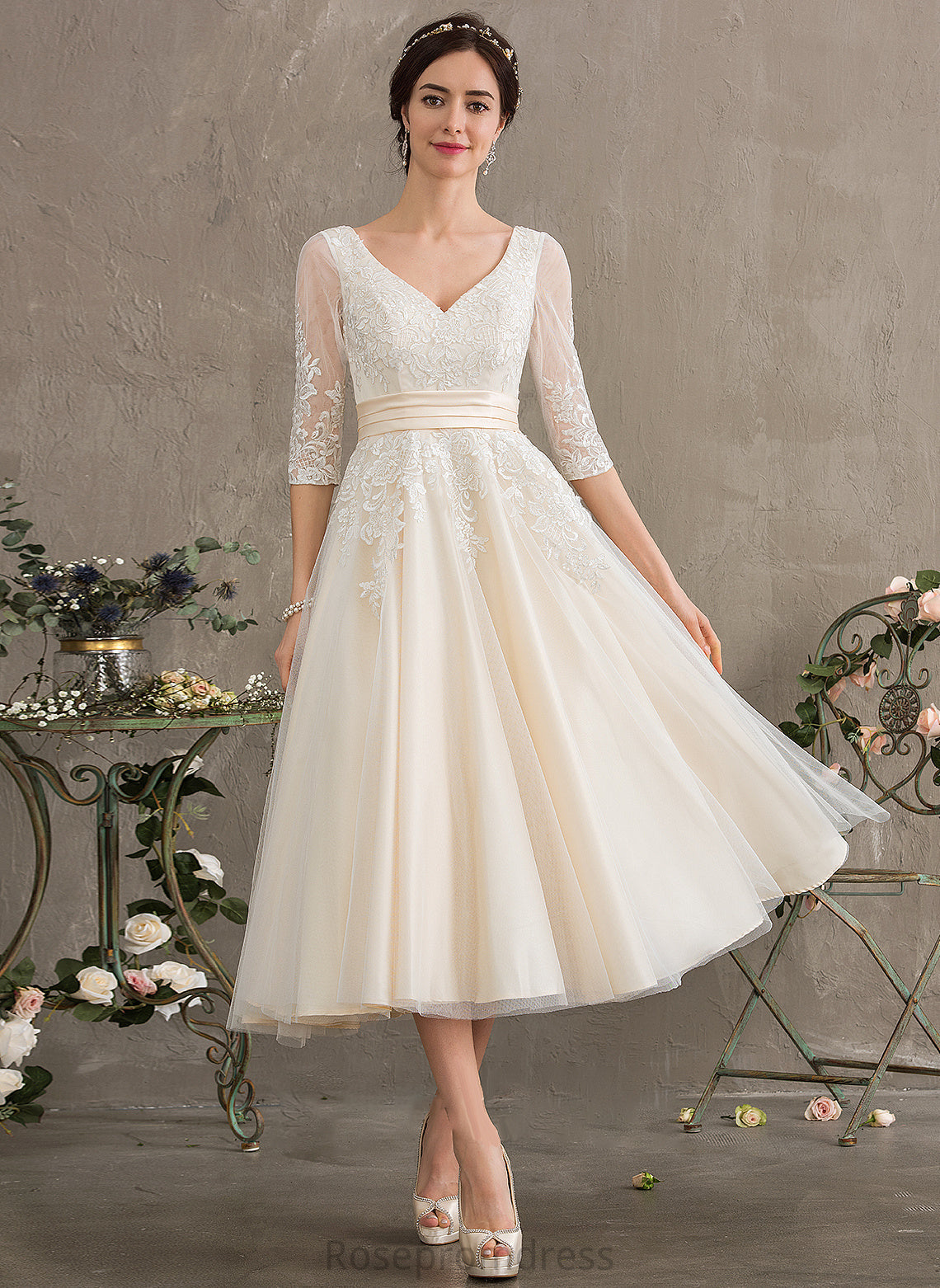 Ball-Gown/Princess Dress Chaya V-neck Wedding Dresses Tulle Wedding Tea-Length