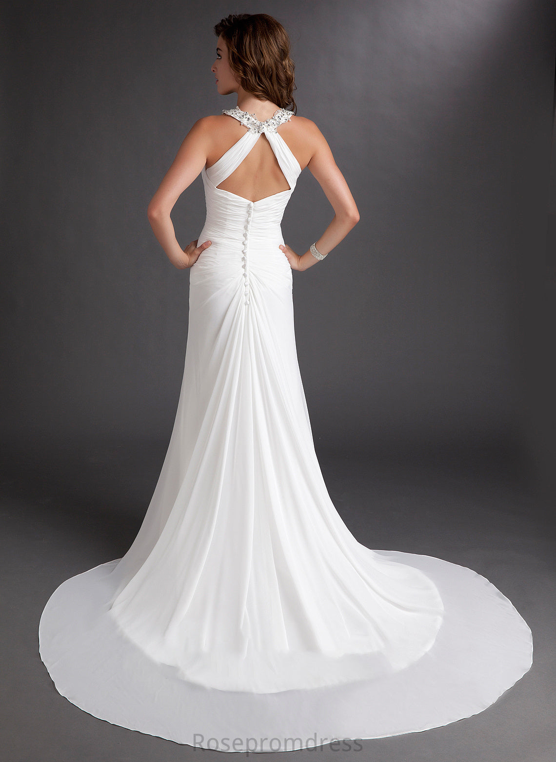 Neck Leslie Scoop Chiffon Prom Dresses Sequins Train Ruffle Beading With Chapel Trumpet/Mermaid