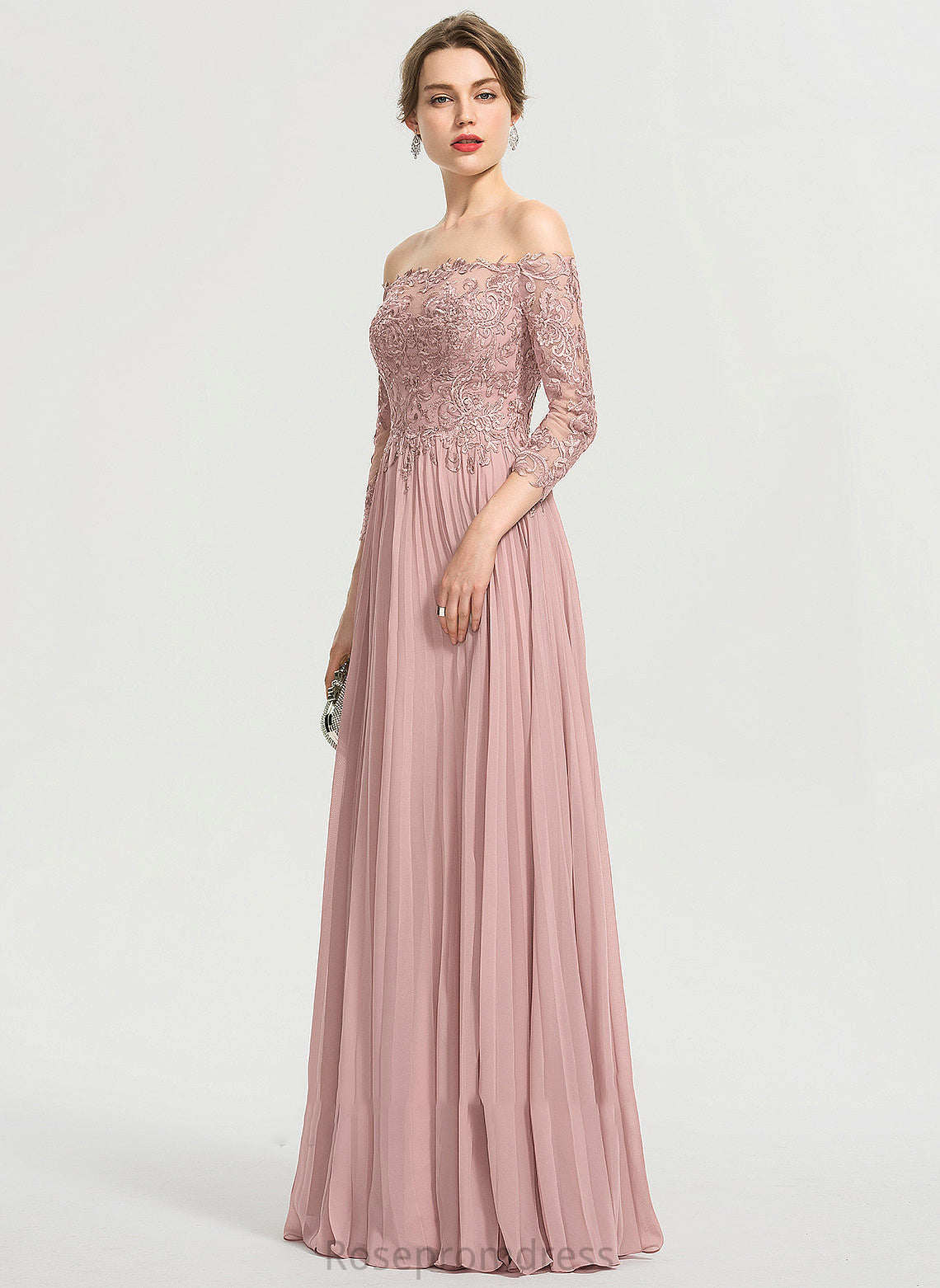 Off-the-Shoulder Adrienne With Chiffon Pleated Prom Dresses Floor-Length Ball-Gown/Princess Sequins