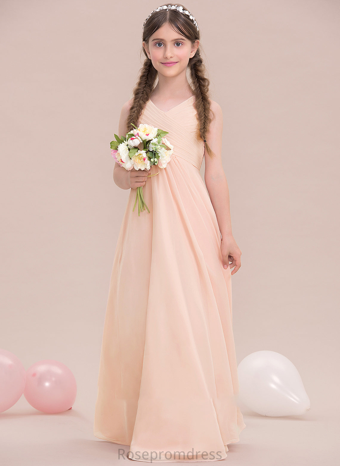 Ruffle Chiffon Junior Bridesmaid Dresses Lilyana With A-Line Floor-Length V-neck