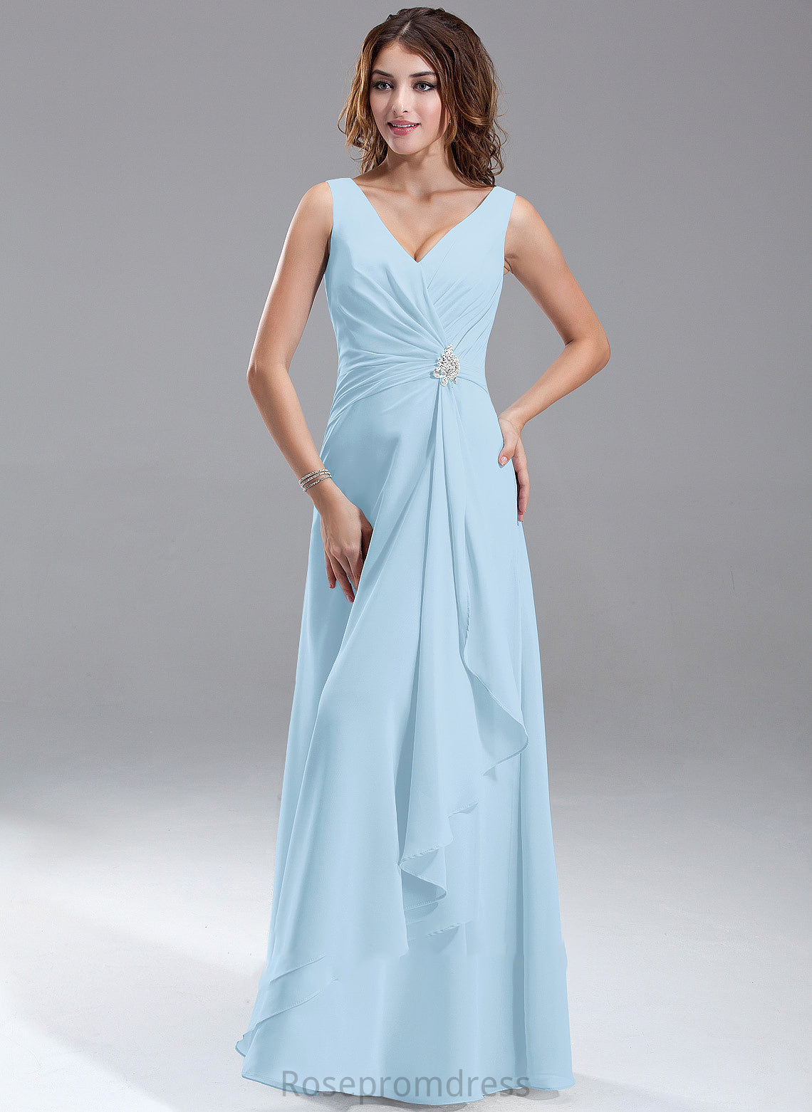A-Line Embellishment V-neck Floor-Length Fabric Beading Length CascadingRuffles Silhouette Neckline Louisa V-Neck Bridesmaid Dresses