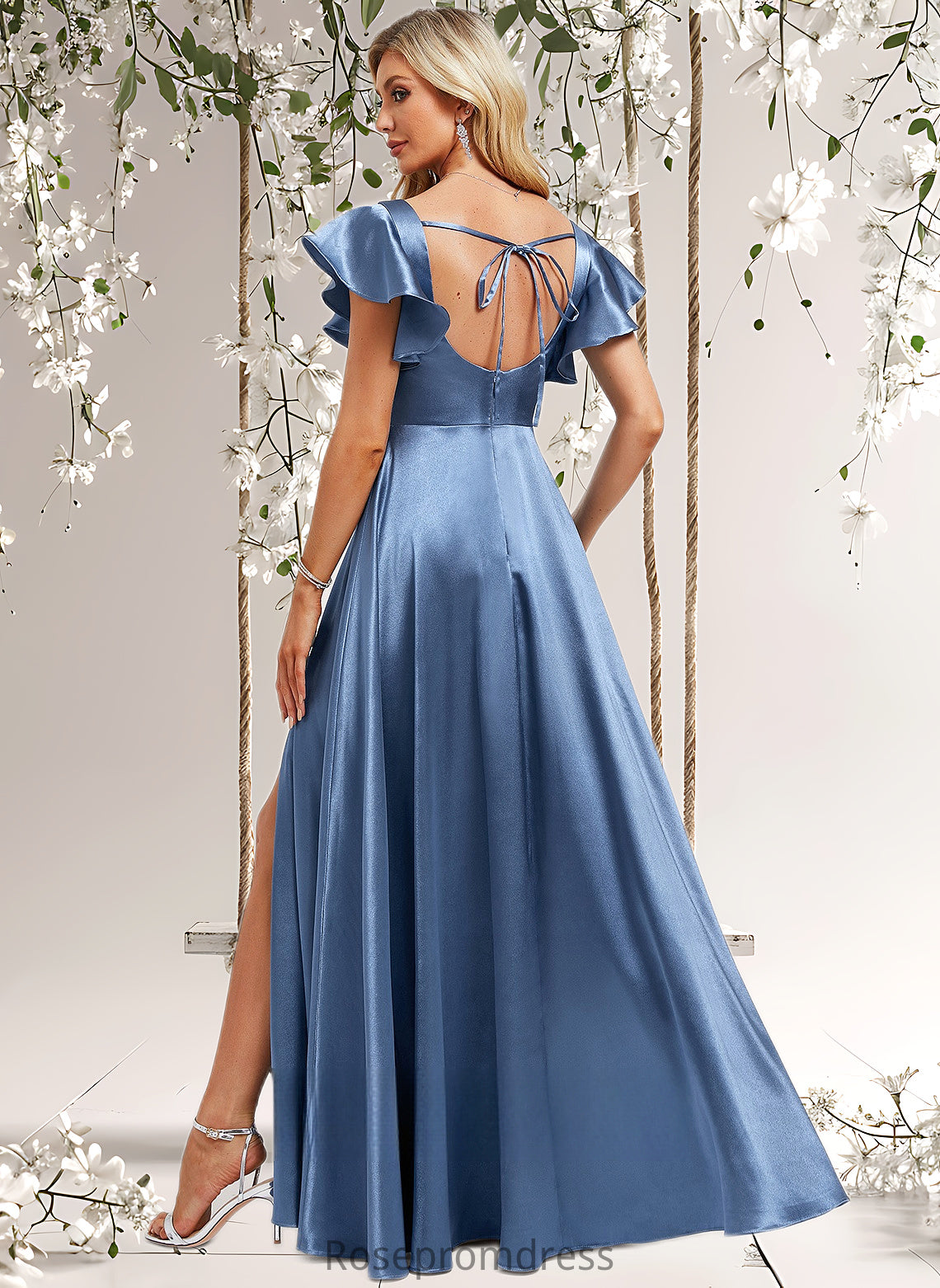 Sarah A-line Square Floor-Length Stretch Satin Bridesmaid Dress With Ruffle DSP0025769