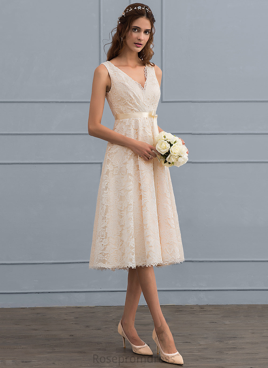 Lace Alma Bow(s) Wedding V-neck With Dress Wedding Dresses Knee-Length A-Line