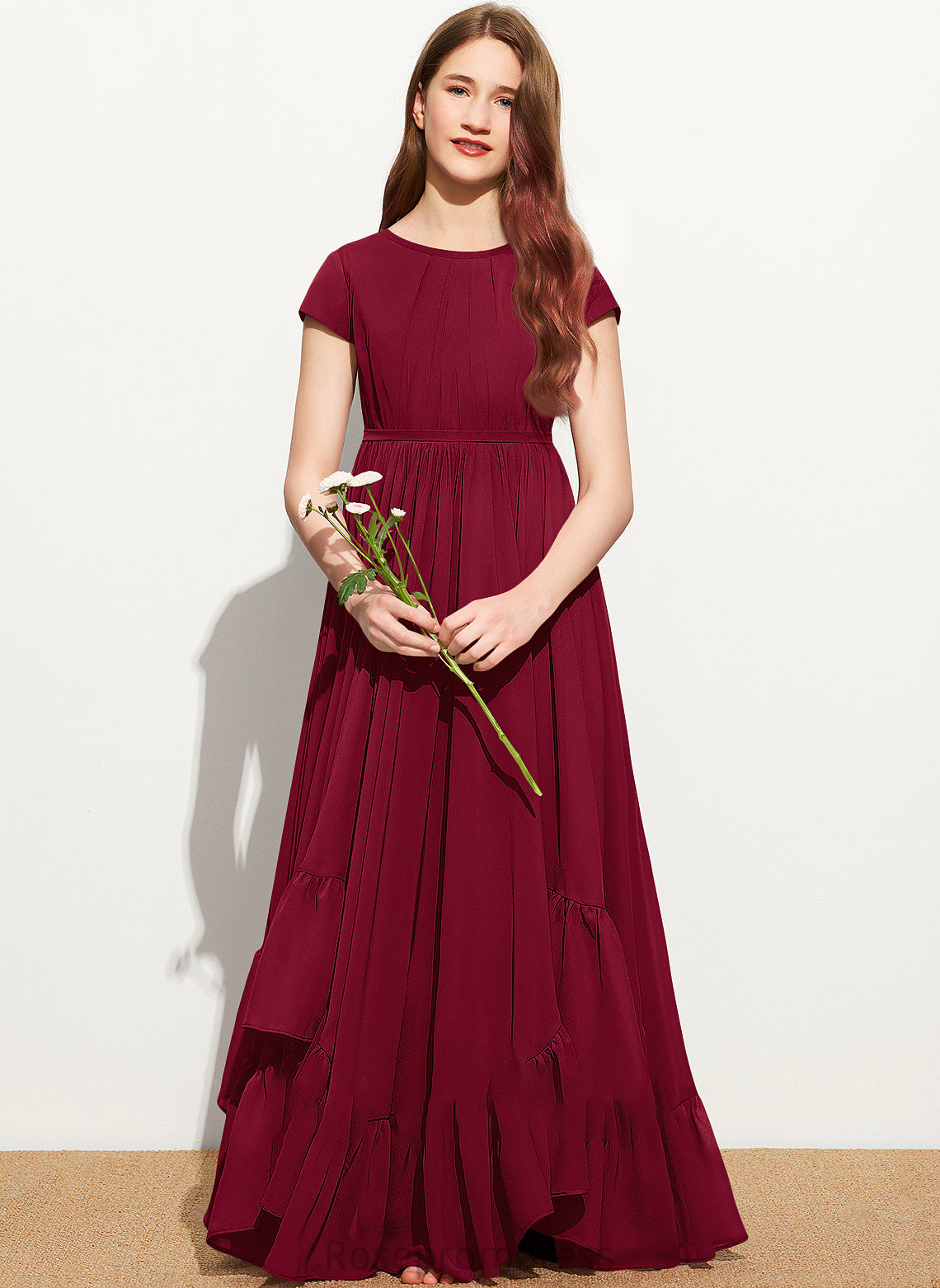 Junior Bridesmaid Dresses Neck Scoop A-Line Chiffon Floor-Length With Cascading Bow(s) Lace Appliques Ruffles Lyric