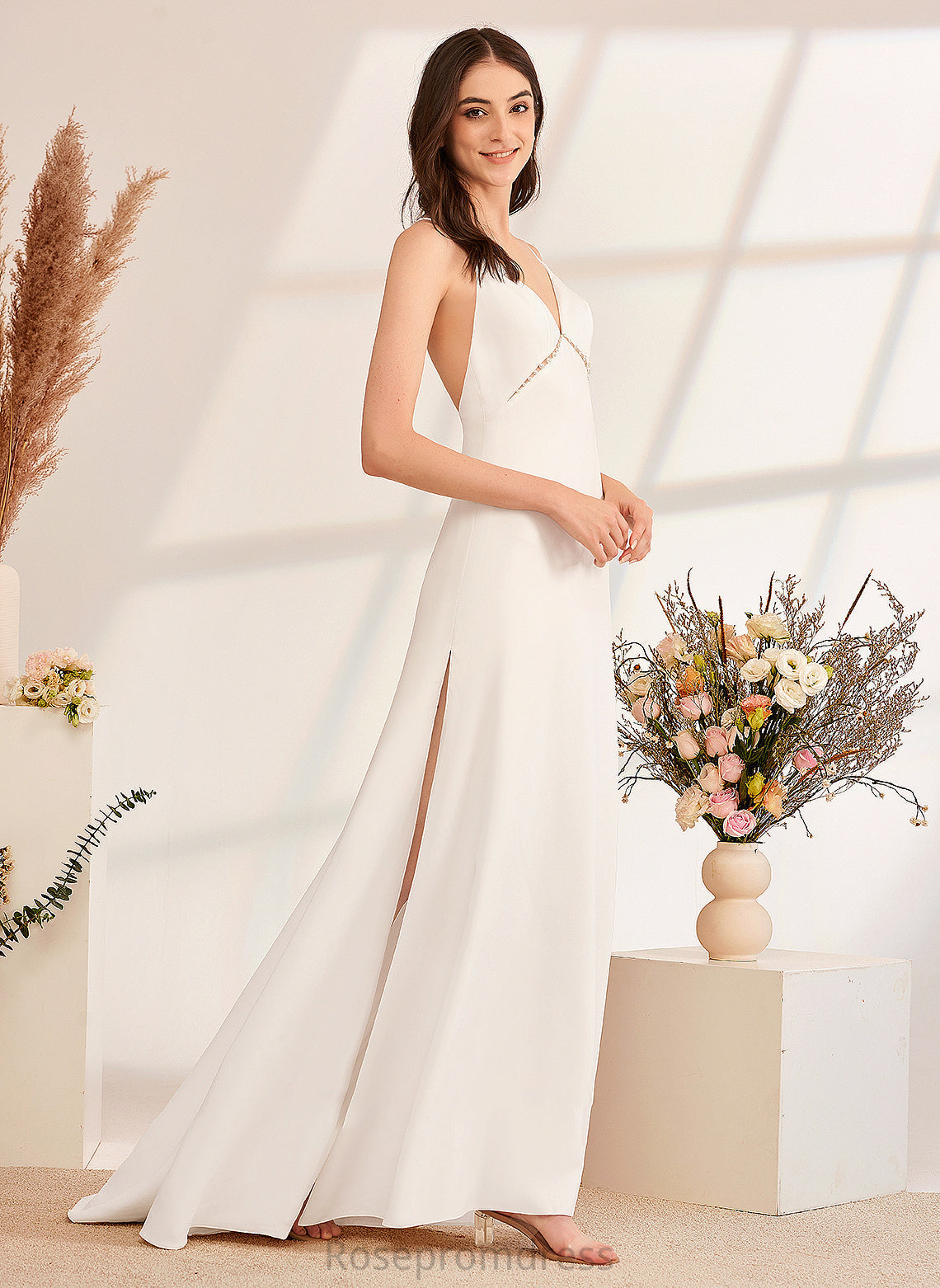 Front Dress Jaiden Split Train Beading Wedding Dresses Wedding V-neck Sweep A-Line With