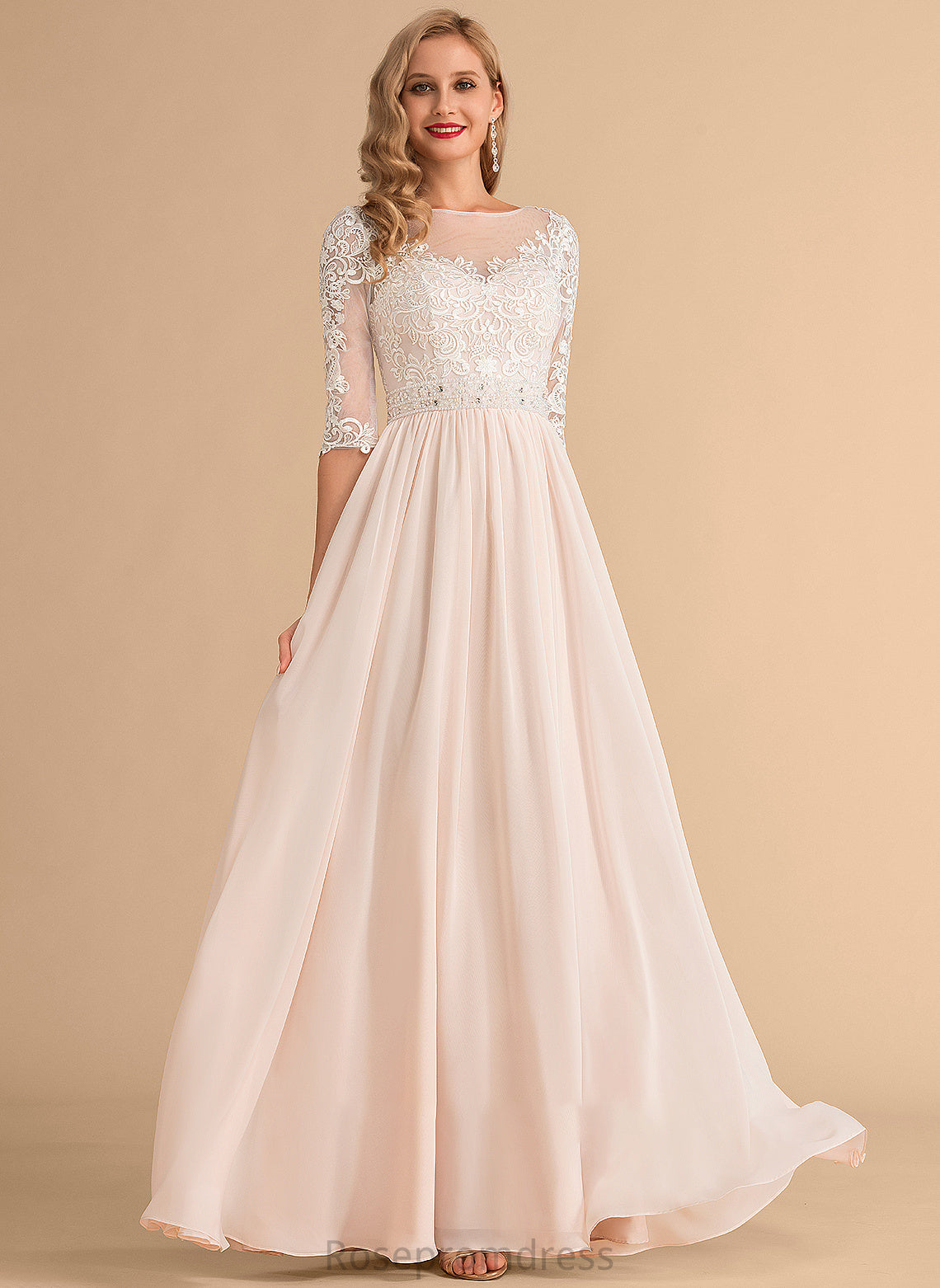 Dress Beading Floor-Length A-Line Lace With Sequins Janae Wedding Dresses Chiffon Wedding Illusion
