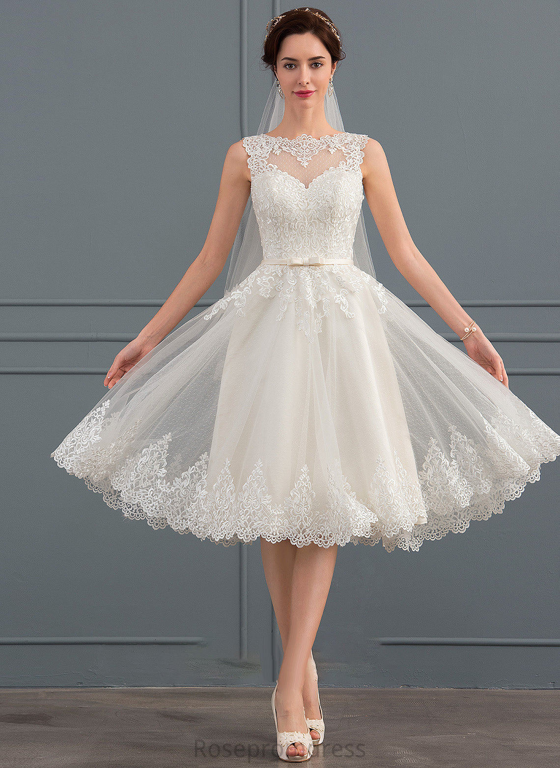 Dress Illusion Bow(s) Wedding Dresses With A-Line Wedding Knee-Length Tulle Delaney