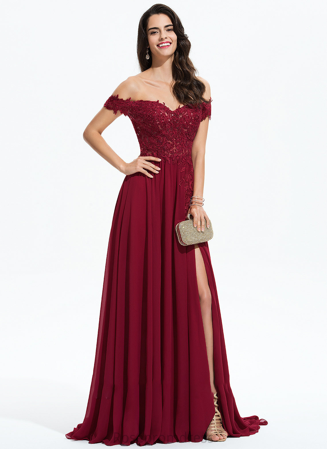Off-the-Shoulder A-Line Prom Dresses Train Chiffon Lace Kaydence Sweep With Sequins