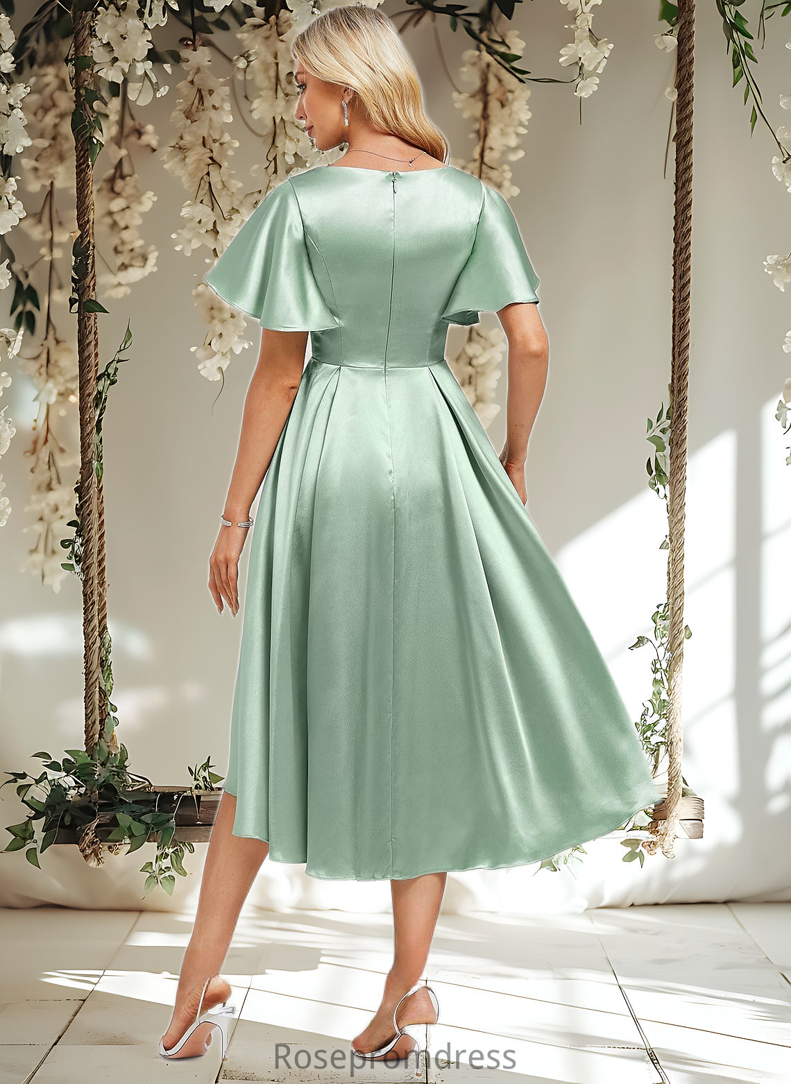 Tracy A-line V-Neck Asymmetrical Stretch Satin Bridesmaid Dress With Ruffle DSP0025772