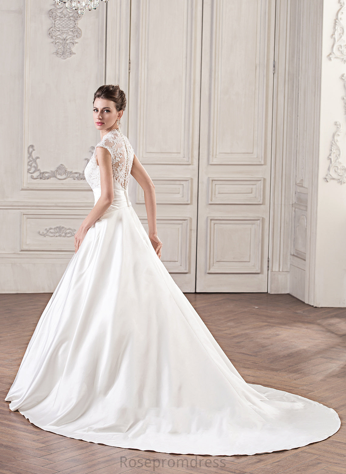 Dress Satin Lace Ruffle Court Dahlia Wedding Wedding Dresses Ball-Gown/Princess With Train V-neck