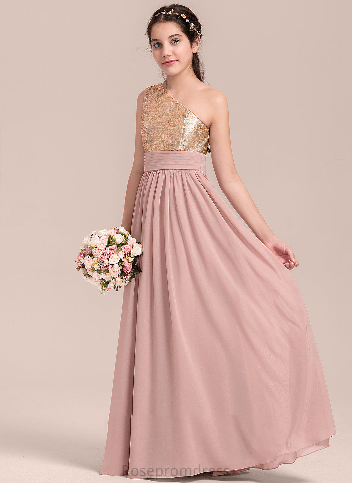 One-Shoulder Ruffle Junior Bridesmaid Dresses Chiffon Undine A-Line Floor-Length With