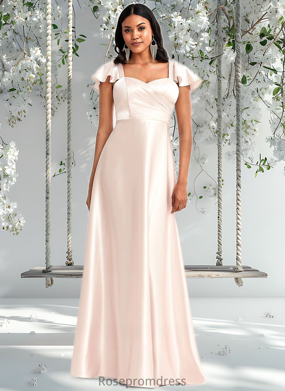 Thelma A-line V-Neck Floor-Length Stretch Satin Bridesmaid Dress With Bow DSP0025759