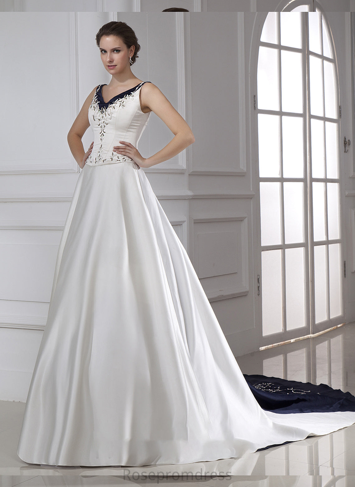 Dress Chapel Satin V-neck Beading Embroidered Ball-Gown/Princess Train Wedding With Kaley Wedding Dresses Sequins