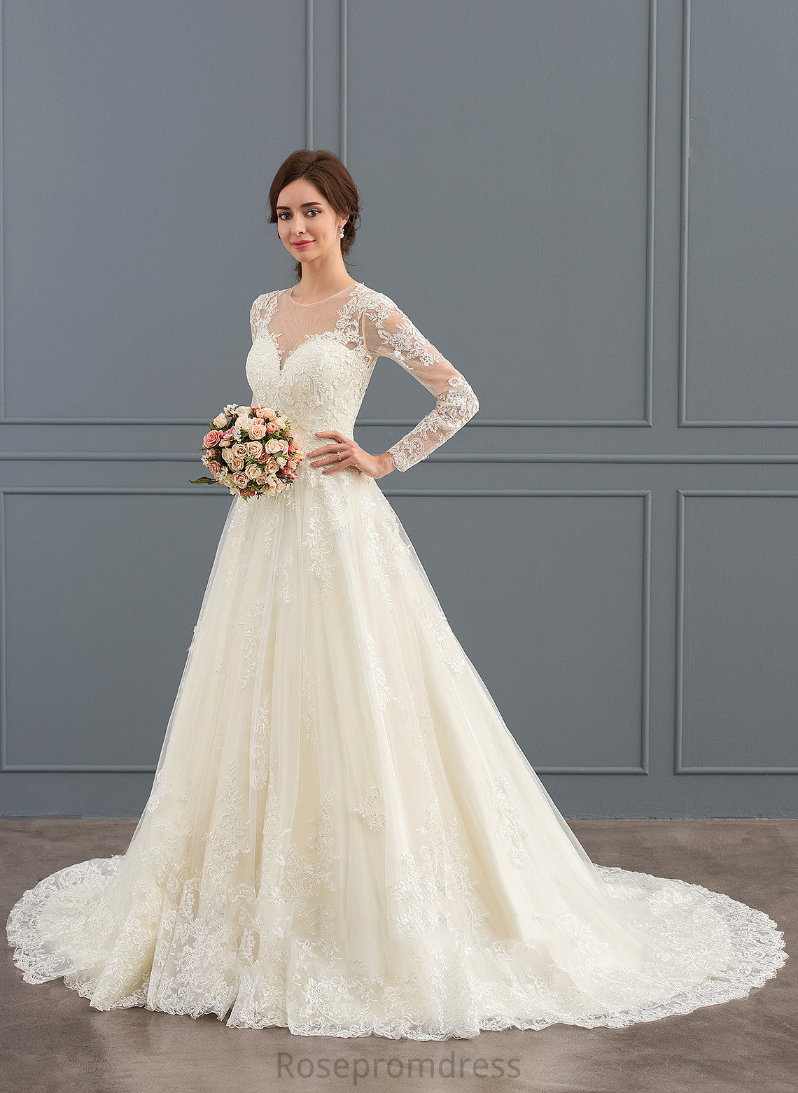 Kamila Illusion Tulle Dress Ball-Gown/Princess Train Wedding Lace Court Wedding Dresses