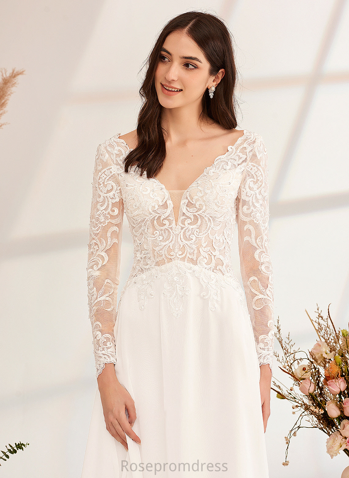 Beading Roberta A-Line Wedding Dresses With V-neck Wedding Sweep Train Dress