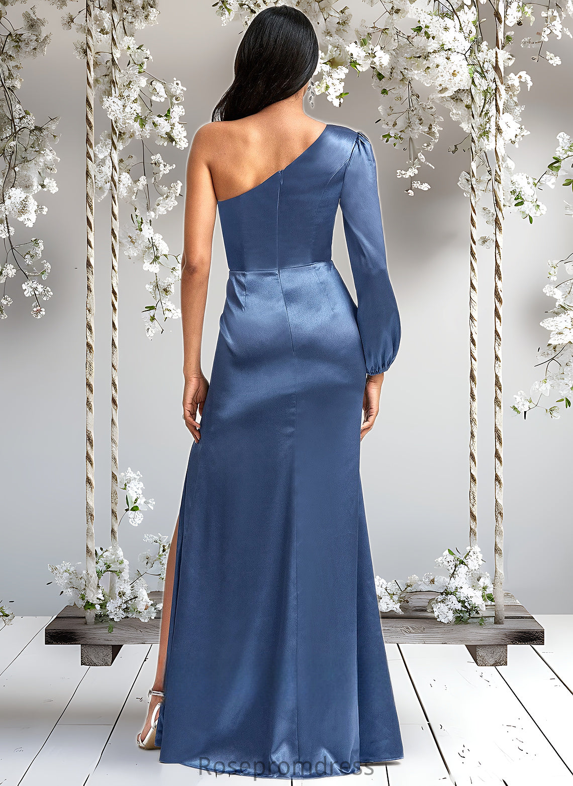 Skylar A-line One Shoulder Floor-Length Stretch Satin Bridesmaid Dress With Bow DSP0025730