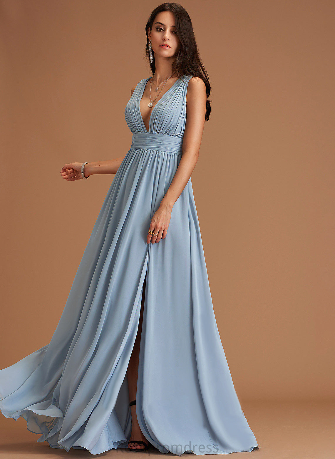 Neckline Floor-Length V-neck Straps&Sleeves A-Line Fabric Silhouette Length Maeve Tulle Sleeveless Natural Waist Bridesmaid Dresses