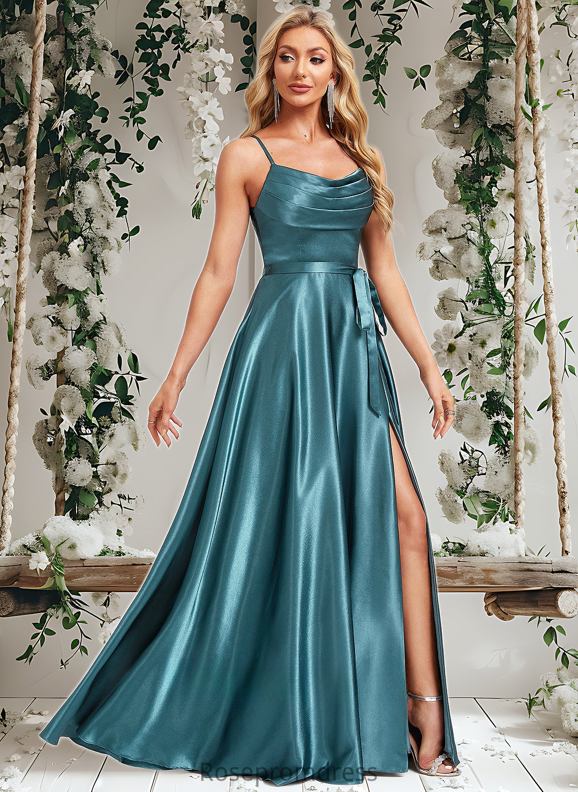 Kailyn A-line Cowl Floor-Length Stretch Satin Bridesmaid Dress With Ruffle DSP0025781
