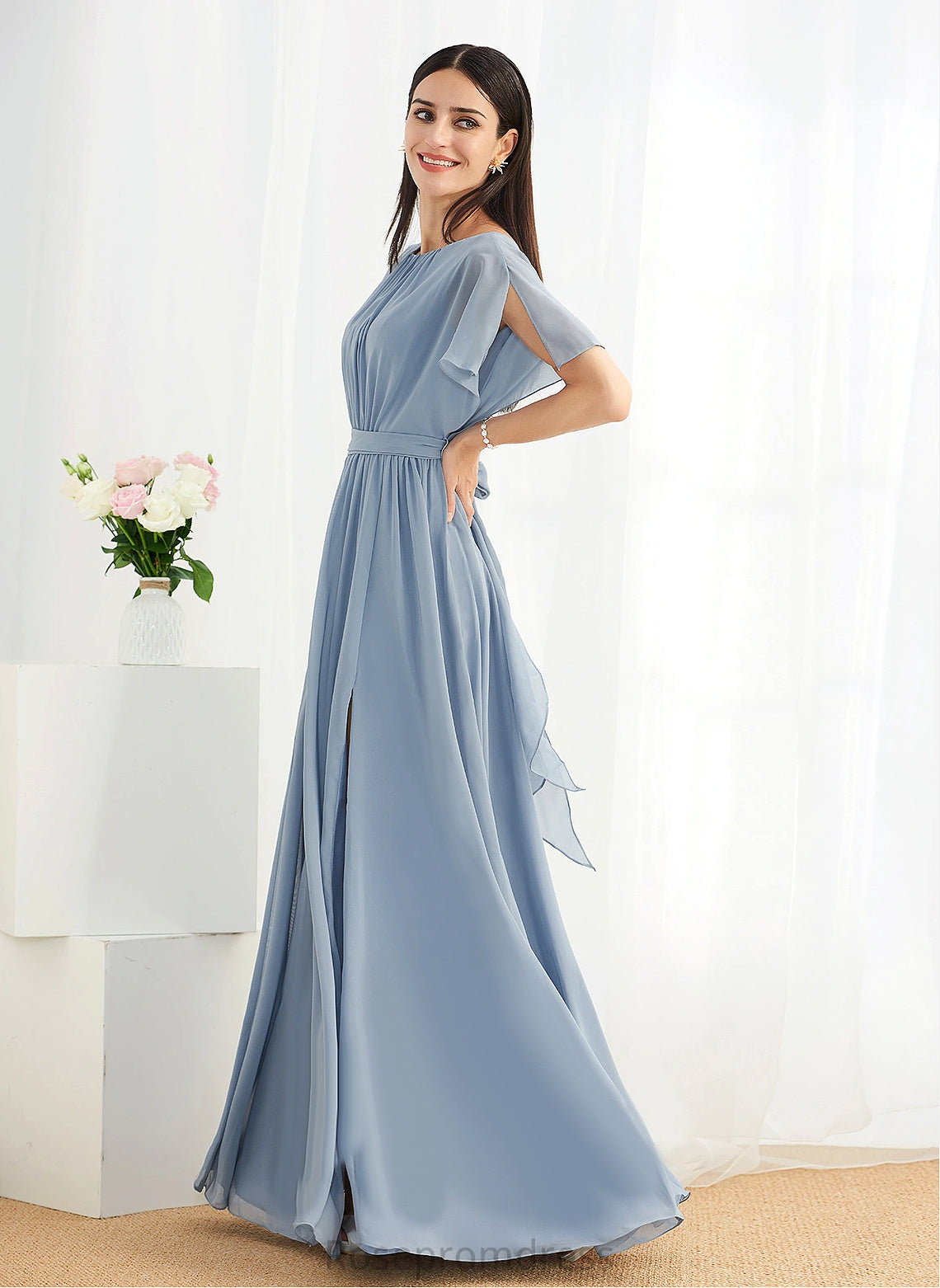 A-line Floor-Length Silhouette Straps&Sleeves Length Scoop Fabric Neckline Tiara Floor Length V-Neck Sleeveless Bridesmaid Dresses