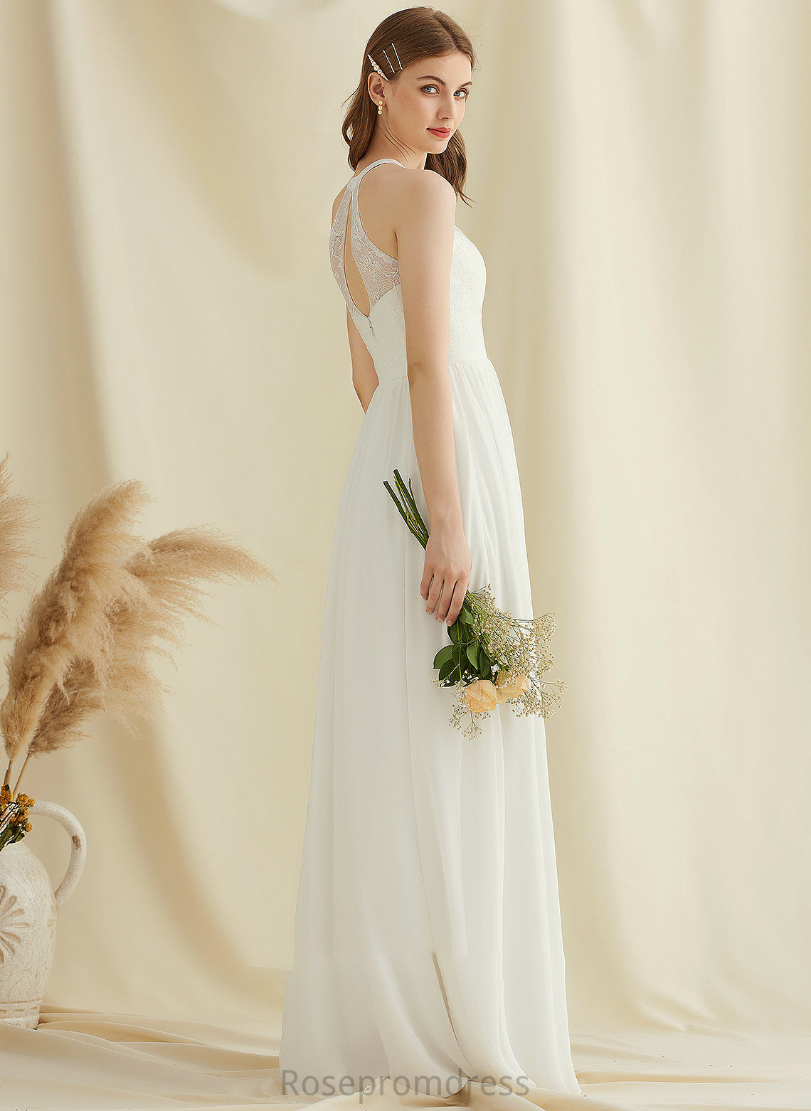 Floor-Length A-Line Lace Front Dress Chiffon Neck Scoop With Wedding Wedding Dresses Split Minnie