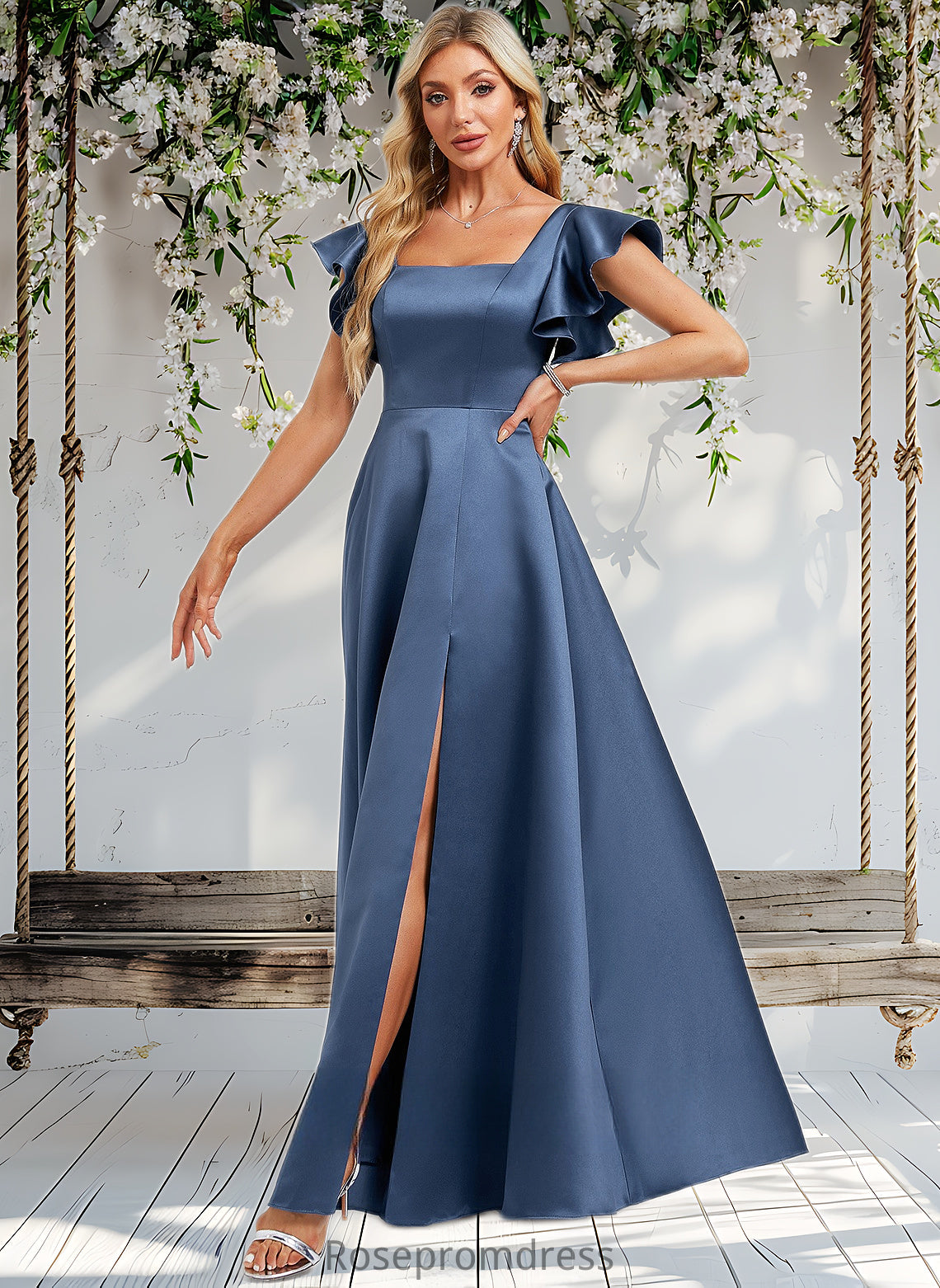 Nell A-line Square Floor-Length Satin Bridesmaid Dress With Ruffle DSP0025774